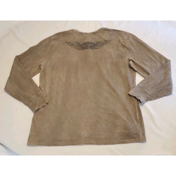 Harley Daivdson Mens Long Sleeve Burnout Snap Front Sz Large Tan Distressed - Picture 2 of 8